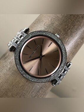 Michael Kors Rose Gold Dial Crystal Bezel Silver Bracelet Watch